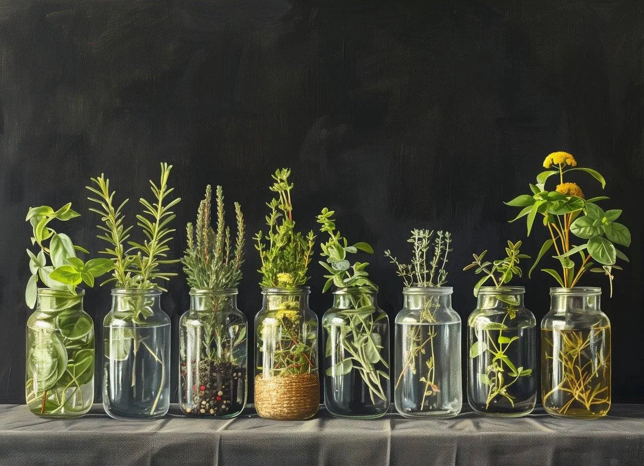 A row of fresh herbs, including rosemary, thyme, and basil, displayed in glass jars against a dark background. Preserving herbs like these is a smart strategy for reducing waste, as they are some of the best foods to freeze for long-lasting freshness and convenience in the kitchen.
