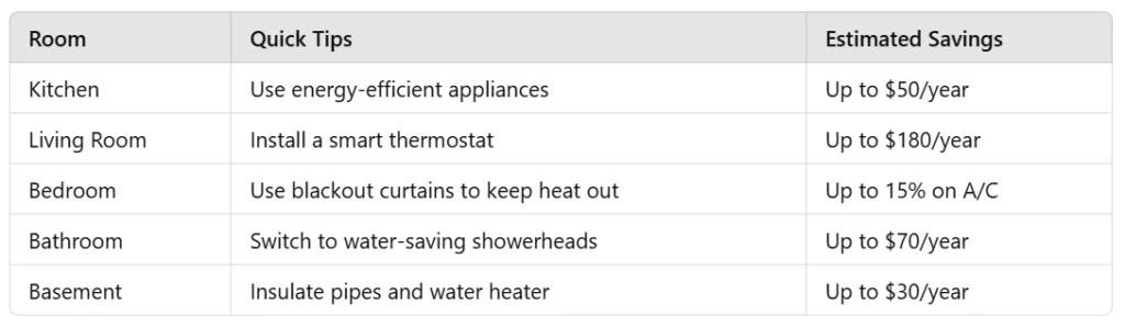 Table outlining energy savings tips by room, including quick actions and estimated savings: Kitchen - use energy-efficient appliances (up to $50/year), Living Room - install a smart thermostat (up to $180/year), Bedroom - use blackout curtains to reduce A/C use (up to 15%), Bathroom - switch to water-saving showerheads (up to $70/year), and Basement - insulate pipes and water heater (up to $30/year).