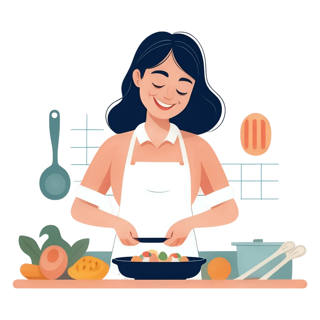 Illustration of a cheerful woman in an apron preparing a meal in a kitchen, surrounded by fresh ingredients like avocados and mangoes, which are among the best foods to freeze. Kitchen tools and a pot are visible in the background, emphasizing a practical approach to meal preparation and food storage.