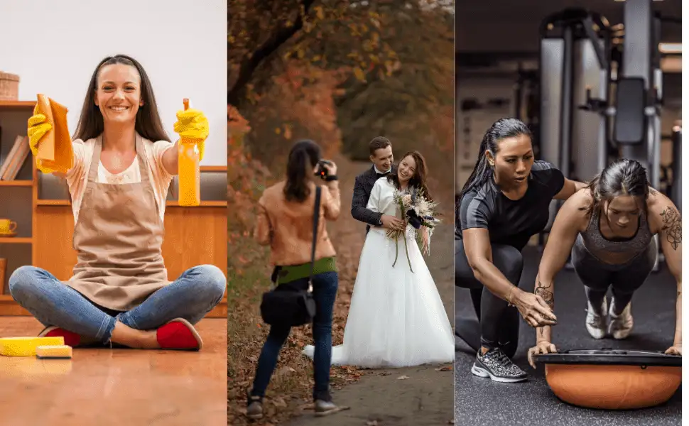 Collage showcasing three easy side hustle ideas: a woman cleaning and organizing a home, a photographer capturing a couple's wedding moment outdoors, and a personal trainer assisting a client during a workout at the gym.