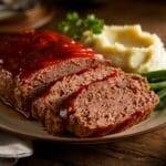 Classic Meatloaf on a plate sitting on a wooden table with a fork next to it.