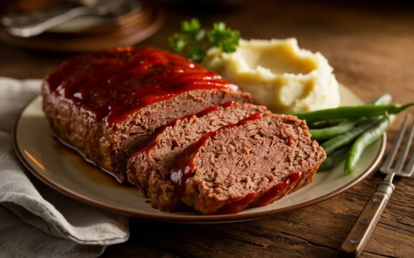 Classic Meatloaf on a plate sitting on a wooden table with a fork next to it.