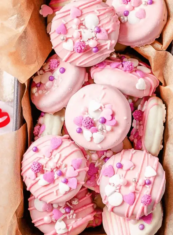 
A box filled with pink and white chocolate-covered sandwich cookies, decorated with heart-shaped sprinkles, drizzles, and pearls in shades of pink, purple, and white. This festive Valentine's Day dessert is a charming and sweet treat for chocolate sweets lovers, perfect for gifting or sharing.