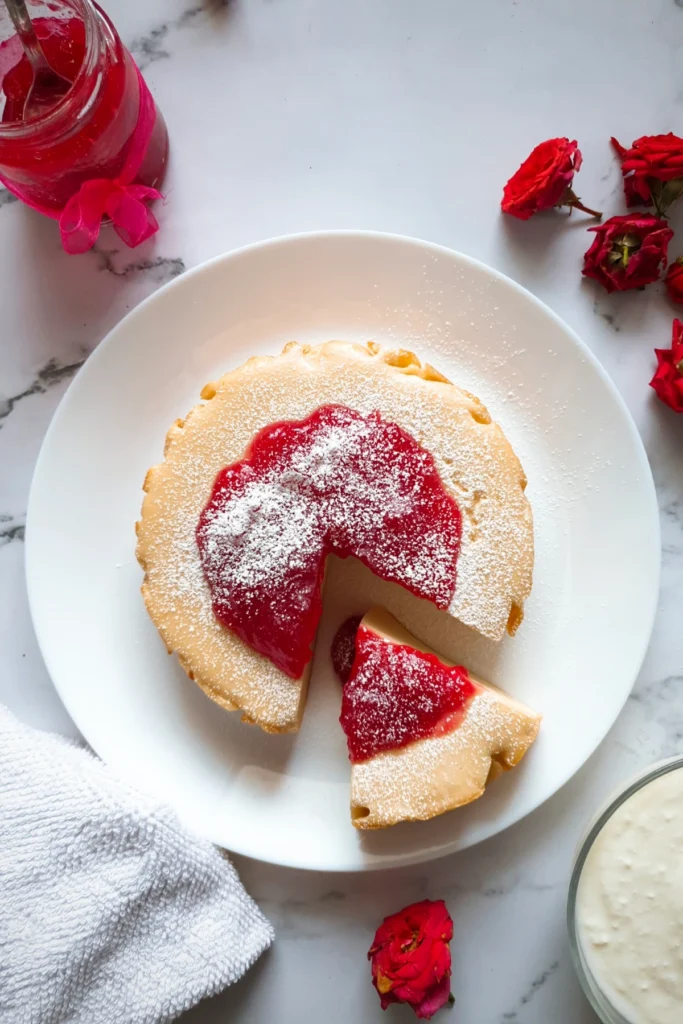 Elegant cheesecake topped with vibrant red berry sauce and a dusting of powdered sugar, served on a white plate and surrounded by red roses, offering a romantic and sophisticated option for Valentine's Cake Ideas.