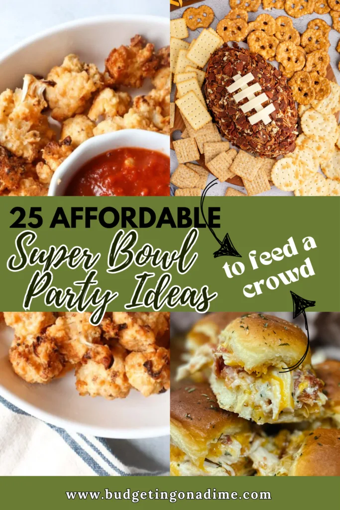 A delicious spread of 25 affordable Super Bowl party ideas to feed a crowd, featuring crispy fried cauliflower bites, a football-shaped cheese ball surrounded by crackers, and cheesy chicken sliders, perfect for game day hosting.