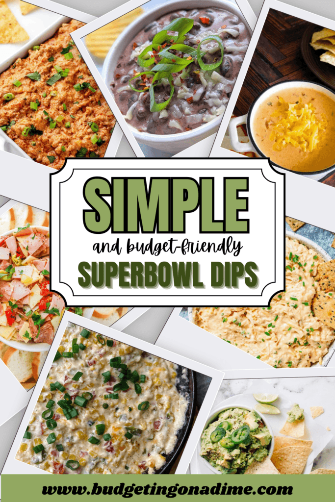 A colorful collage of the best party dips, showcasing a variety of simple and budget-friendly Super Bowl dips, including creamy guacamole, cheesy queso, hearty chili dip, and zesty black bean dip, perfect for game day celebrations.