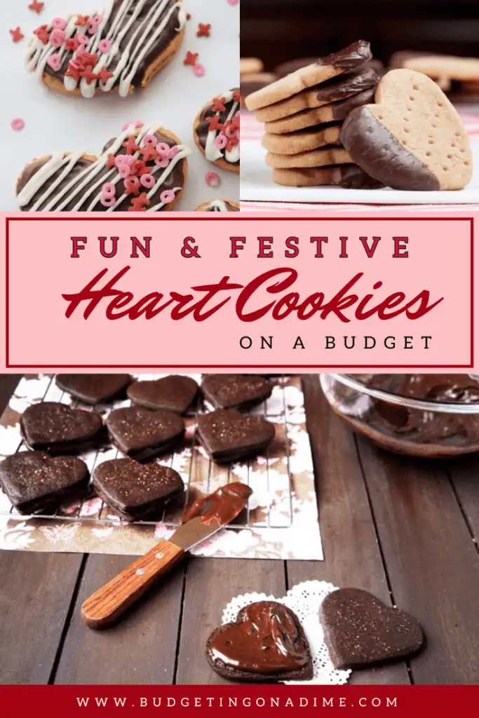 A collage of fun and festive heart cookies, featuring chocolate-dipped shortbread, sugar cookies with pink sprinkles, and rich chocolate heart-shaped cookies with a glossy finish. Perfect for a budget-friendly Valentine's Day treat.