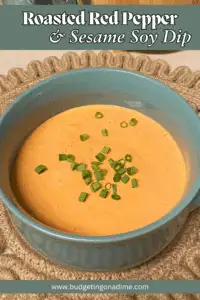 A bowl of creamy Roasted Red Pepper & Sesame Soy Dip topped with freshly chopped green onions, served in a blue ceramic dish on a woven placemat, offering a vibrant and inviting appetizer option.