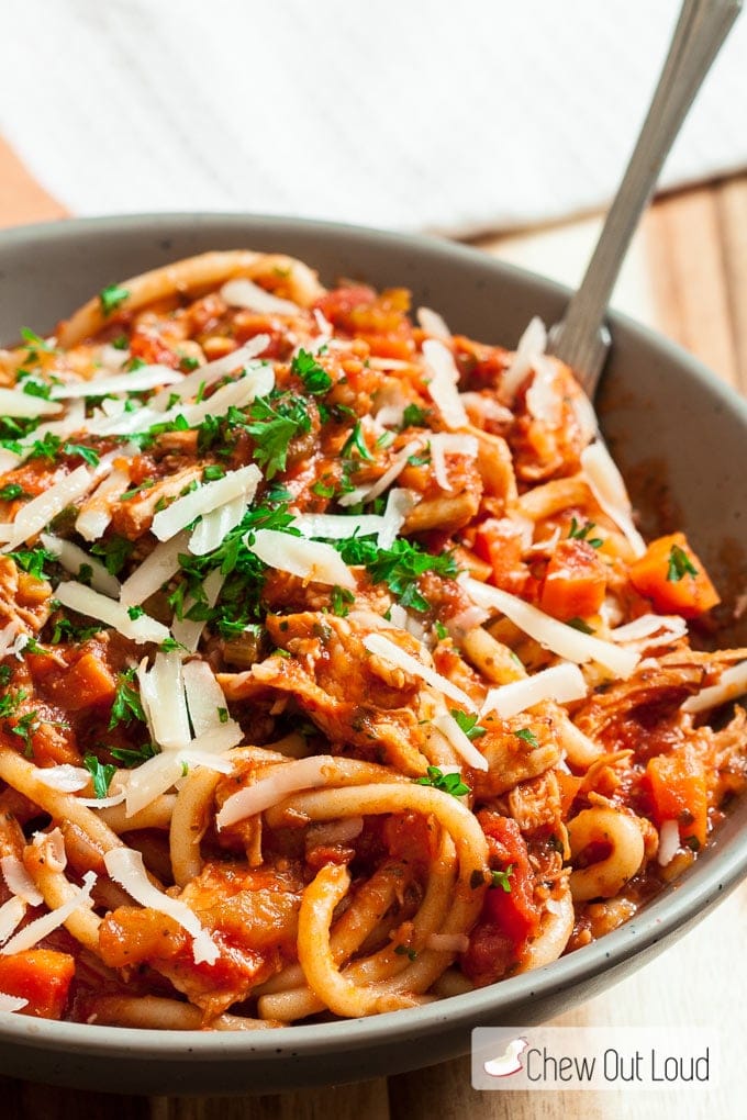 A hearty turkey bolognese pasta dish made from leftover turkey, showcasing a zero-waste approach to leftovers recipes.