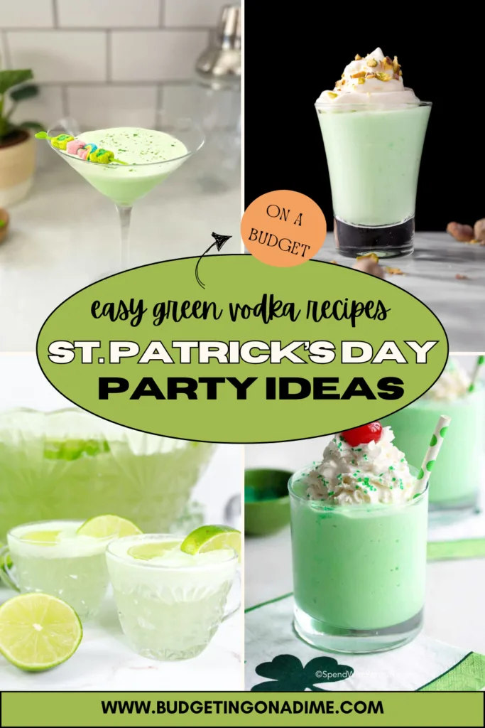 A festive collage showcasing St Patrick's Day party ideas featuring easy green vodka recipes, including vibrant cocktails garnished with whipped cream, lime slices, and festive sprinkles, all designed to be budget-friendly for holiday celebrations.