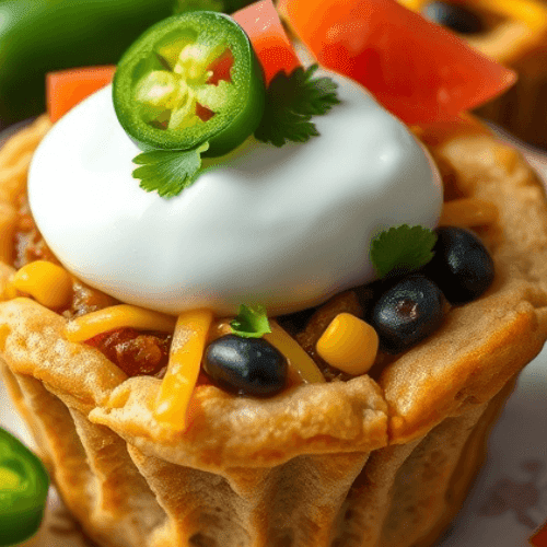 Mini taco cupcake with a crispy, golden crust filled with seasoned meat, black beans, corn, and melted cheese. Topped with a dollop of sour cream, fresh jalapeño slices, diced tomatoes, and a sprig of cilantro. The savory appetizer sits on a decorative plate, with additional taco cupcakes and whole jalapeños in the background.