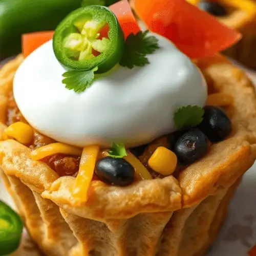Mini taco cupcake with a crispy, golden crust filled with seasoned meat, black beans, corn, and melted cheese. Topped with a dollop of sour cream, fresh jalapeño slices, diced tomatoes, and a sprig of cilantro. The savory appetizer sits on a decorative plate, with additional taco cupcakes and whole jalapeños in the background.