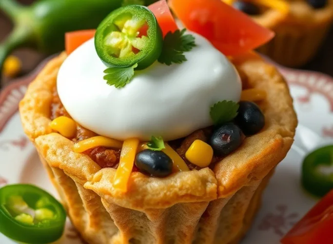 Mini taco cupcake with a crispy, golden crust filled with seasoned meat, black beans, corn, and melted cheese. Topped with a dollop of sour cream, fresh jalapeño slices, diced tomatoes, and a sprig of cilantro. The savory appetizer sits on a decorative plate, with additional taco cupcakes and whole jalapeños in the background.