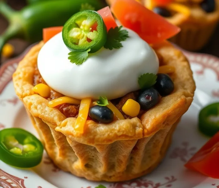 Close-up of a taco cupcake with a crispy, golden crust filled with seasoned ground meat, black beans, corn, and melted cheese. It is topped with a generous dollop of sour cream, sliced jalapeños, diced tomatoes, and fresh cilantro. The appetizer sits on a decorative plate, with more taco cupcakes and fresh ingredients like jalapeños and tomatoes in the background.