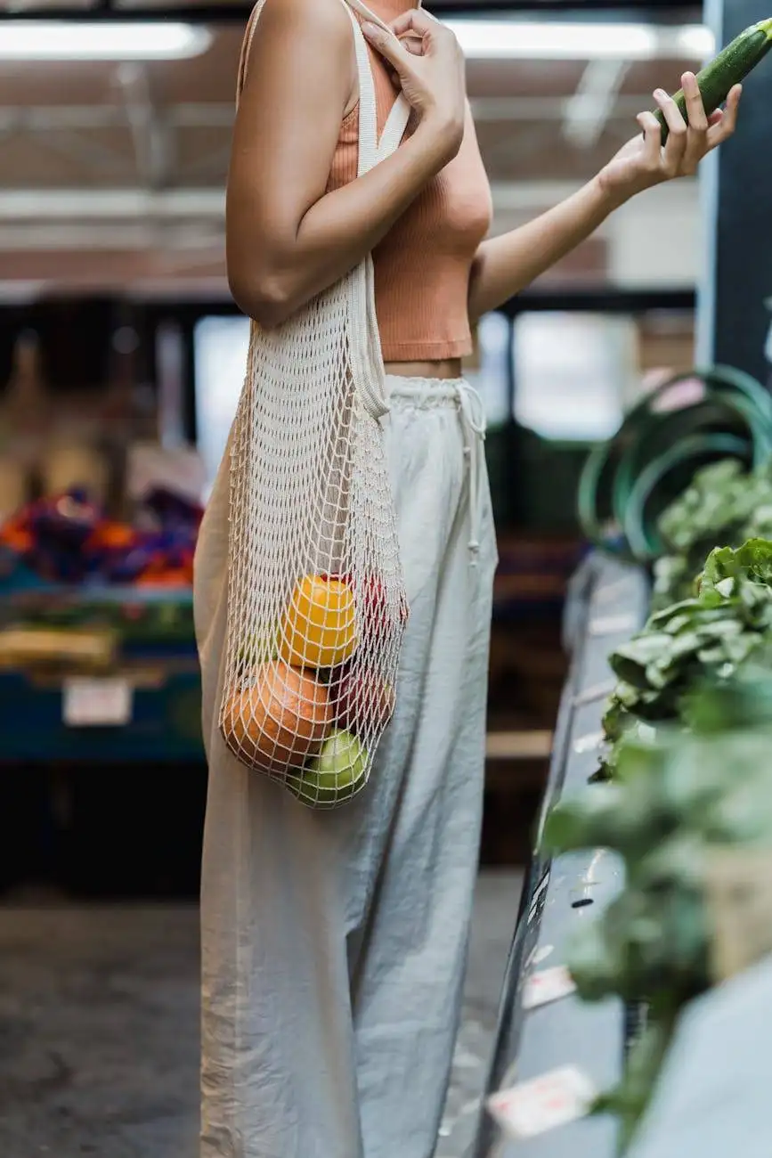 A woman shopping at a farmer's market, carrying a reusable mesh bag filled with fresh produce, selecting ingredients for a farm-to-table dinner.