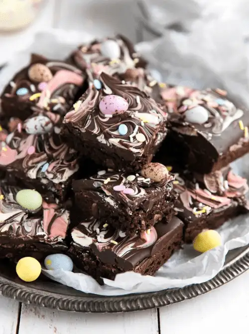 Decadent Easter brownies topped with a swirled chocolate design and pastel candy eggs—perfect for easy Easter finger food ideas and festive holiday desserts!