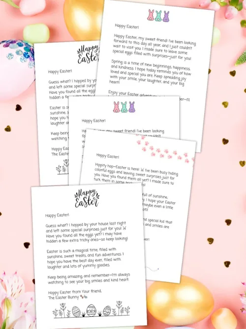 A collection of beautifully designed Easter letters featuring playful fonts, bunny illustrations, and festive decorations, set against a pastel pink background with golden eggs and floral accents. These heartfelt notes are perfect for adding a personal touch to Easter surprises and make a creative addition to DIY Easter basket ideas, bringing joy and excitement to the holiday celebration.