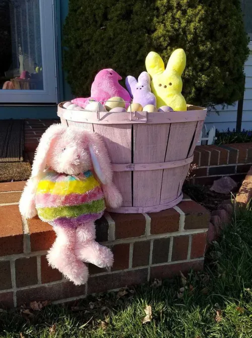 A pastel pink wooden basket filled with colorful Easter treats, including marshmallow Peeps in yellow, pink, and purple, along with decorated eggs. A plush bunny with a soft, multicolored striped body leans over the basket, adding a whimsical touch. Placed on a brick ledge in the sunshine, this charming setup is perfect for unique Easter basket ideas that blend rustic charm with playful, festive elements.