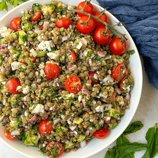 A hearty farm to table lentil salad packed with cherry tomatoes, avocado, red onion, fresh herbs, and crumbled feta cheese. The vibrant colors and fresh ingredients highlight the richness of locally sourced produce, creating a wholesome and flavorful dish. A vine of fresh tomatoes rests beside the bowl, adding to the rustic, garden-fresh feel of this nutritious meal.