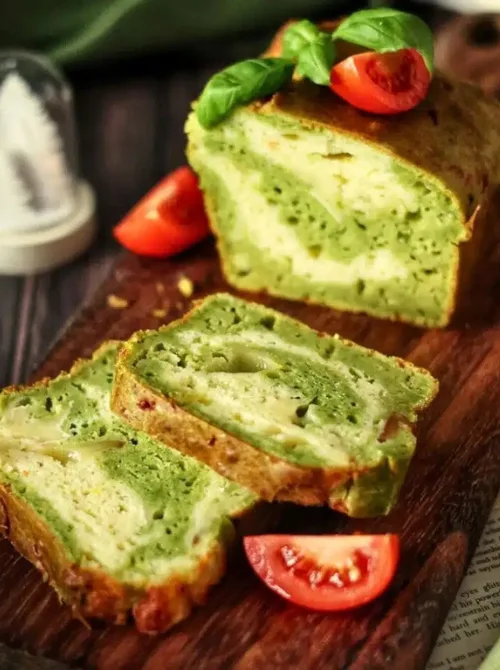Slices of savory spinach swirl bread garnished with fresh basil and tomatoes on a wooden cutting board, ideal for a budget-friendly Easter brunch.