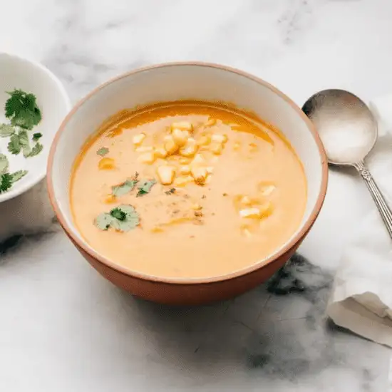 A comforting bowl of farm to table creamy sweet potato and corn soup, garnished with sweet corn kernels, fresh cilantro, and a hint of red pepper flakes. The rich golden color and velvety texture highlight the freshness of locally sourced ingredients, making this dish a warm and nourishing delight perfect for any season.