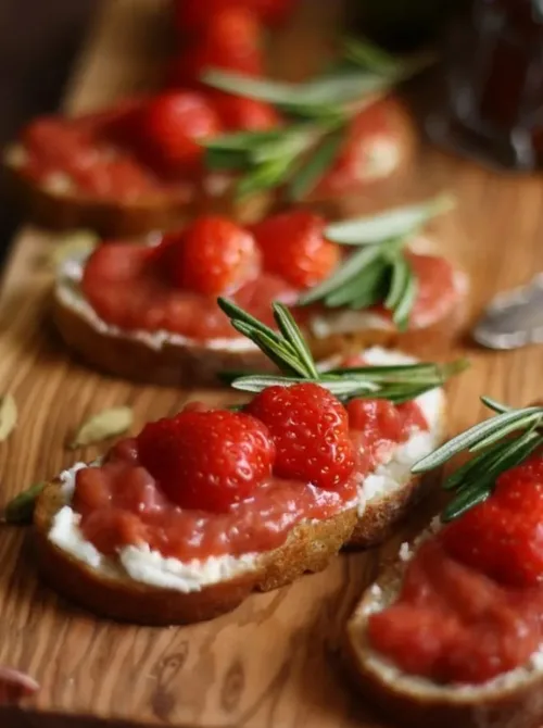 Toasted crostini topped with creamy cheese, strawberry compote, fresh whole strawberries, and sprigs of rosemary—these sweet and savory bites add a burst of color and elegance to your Mother’s Day tea party ideas.
