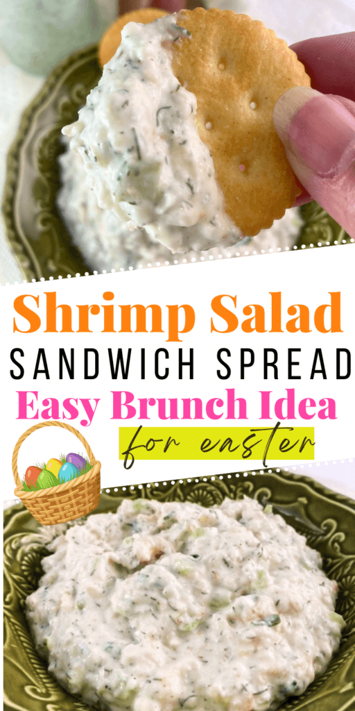 Close-up of creamy shrimp salad sandwich spread on a cracker, served in a bowl on a green plate, labeled as an easy Easter brunch idea for shrimp salad sandwiches.