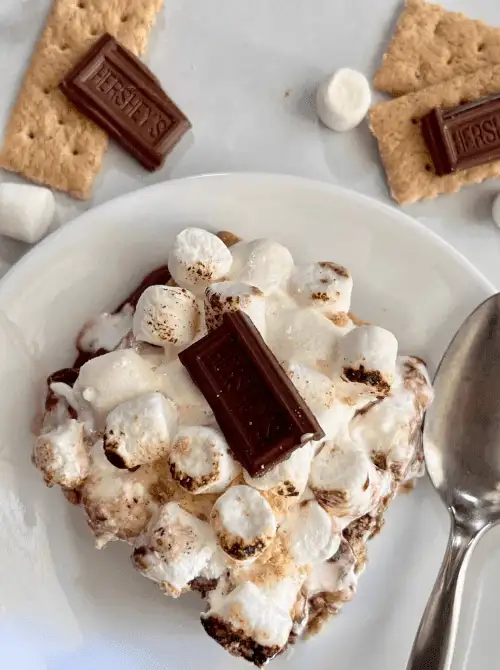 No-bake s’mores dessert bar topped with toasted marshmallows, graham crackers, and a Hershey’s chocolate square—an easy 4th of July dessert that’s gooey, nostalgic, and perfect for summer gatherings.