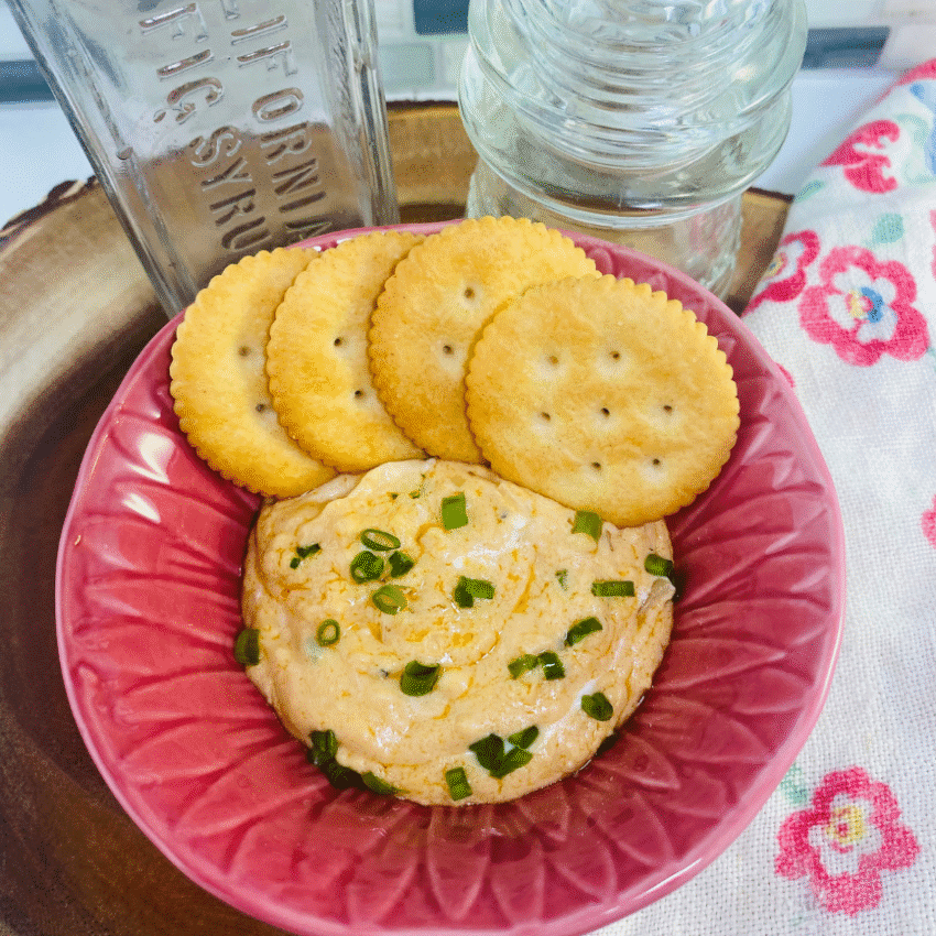 Gouda, tahini, and cream cheese dip topped with chopped green onions, served with round crackers on a bright pink plate, alongside vintage glassware and a floral napkin.