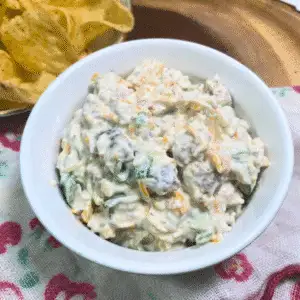 Close-up of Cheeseburger Ranch Dip served in a white bowl, featuring chunks of leftover burger, shredded cheese, green onions, and a creamy sour cream base. A budget-friendly, no-cook appetizer perfect for parties or using up leftovers, with tortilla chips in the background.