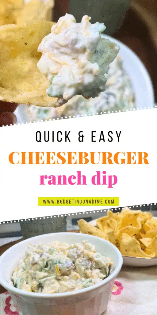 Quick and easy Cheeseburger Ranch Dip served with tortilla chips. This creamy, budget-friendly appetizer is made with leftover burgers, sour cream, ranch seasoning, and cheese—perfect for parties, game day, or last-minute gatherings. Recipe from BudgetingOnADime.com.