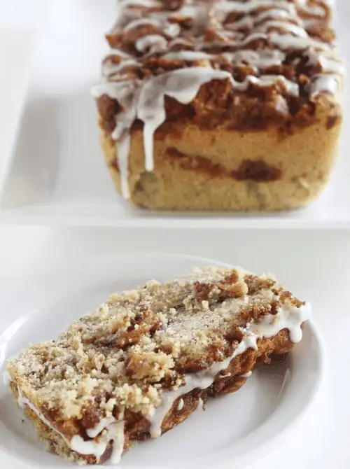 Gluten-free apple fritter bread with a cinnamon swirl and vanilla glaze—perfect for fall baking and a delicious answer to what to make with apples this season.