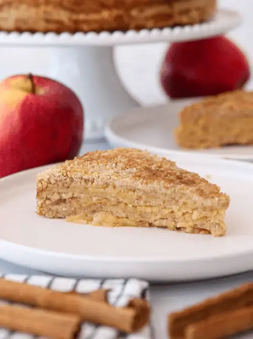Slice of Swedish apple pie on a white plate with cinnamon and fresh apples—an easy, crustless fall dessert and a simple yet delicious option when searching for things to make with apples.