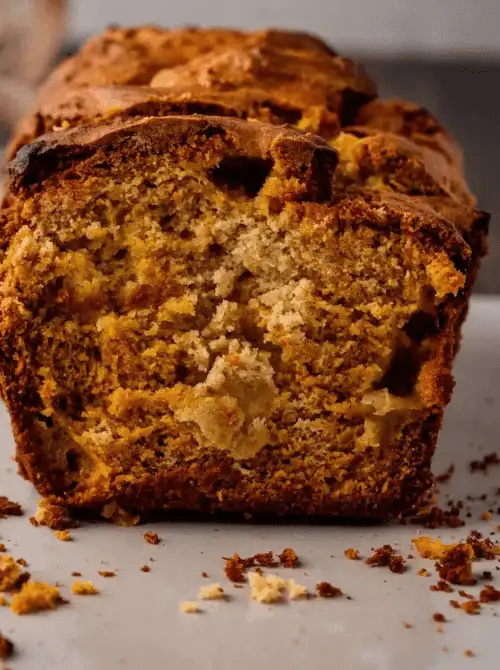 Close-up of a moist cinnamon apple loaf with tender apple chunks—an inviting fall bread recipe and a delicious idea for what to make with apples.
