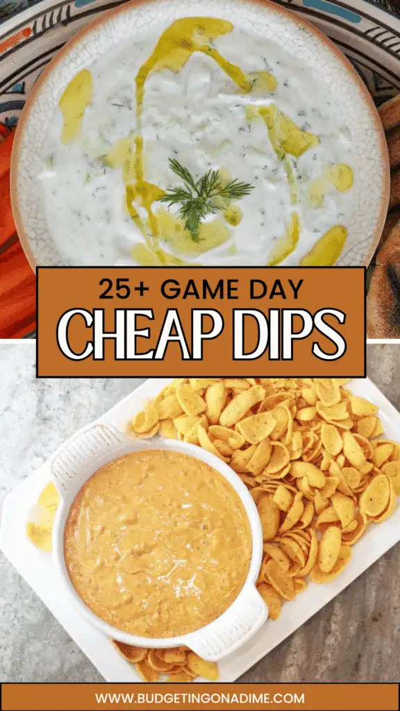 Pinterest graphic featuring two budget-friendly game day dips—one creamy dip garnished with dill and olive oil, and one cheesy chili dip served with Fritos. Text overlay reads “25+ Game Day Cheap Dips,” ideal for football parties and affordable appetizer inspiration.