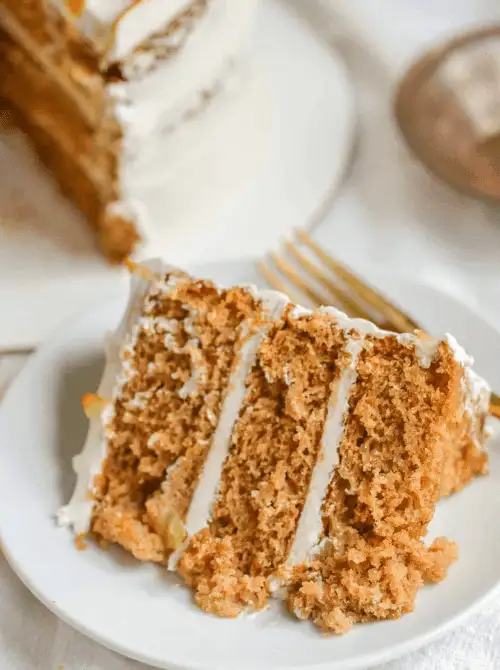 Slice of layered apple spice cake with creamy frosting—an elegant fall dessert and one of the most festive things to make with apples for autumn celebrations or holiday gatherings.