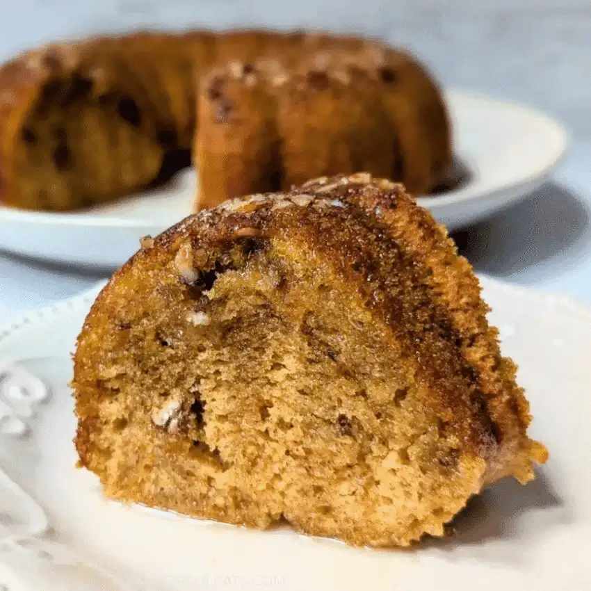 Moist slice of pumpkin bundt cake with chopped nuts on top, perfect for showcasing what to make with leftover pumpkin puree in rich, fall-inspired pumpkin cakes and cupcakes.