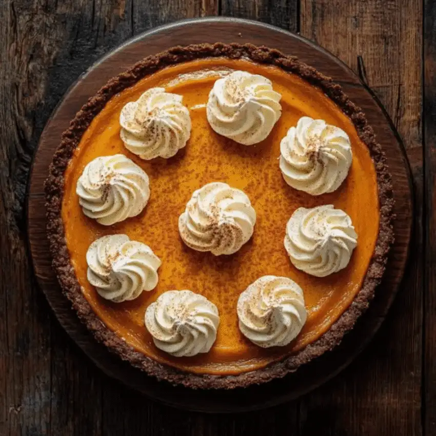 Easy pumpkin cheesecake topped with whipped cream swirls on a chocolate crust, perfect for fall dessert trays — a delicious idea for what to make with leftover pumpkin purée.