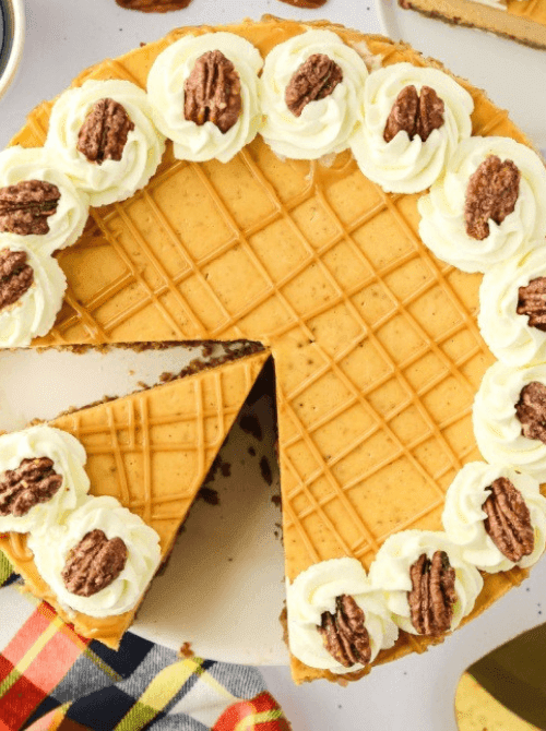 Pumpkin cheesecake topped with a caramel lattice pattern, whipped cream swirls, and candied pecans — an elegant and easy pumpkin cheesecake recipe that’s perfect for fall gatherings and uses up leftover pumpkin purée.