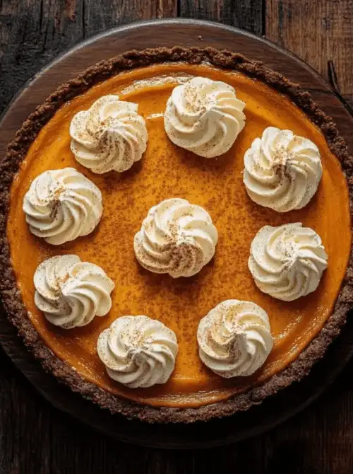 Whole pumpkin cheesecake with chocolate crust and piped whipped cream rosettes, beautifully arranged on a rustic wood background — a show-stopping and easy pumpkin cheesecake recipe for using up leftover pumpkin purée.