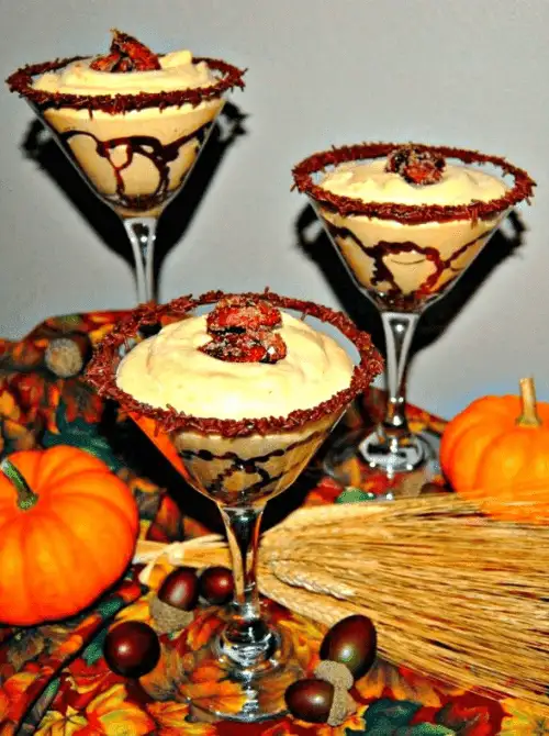 Pumpkin mousse served in chocolate-rimmed martini glasses, topped with candied pecans—an elegant and festive pumpkin dessert made with leftover pumpkin puree for fall celebrations.