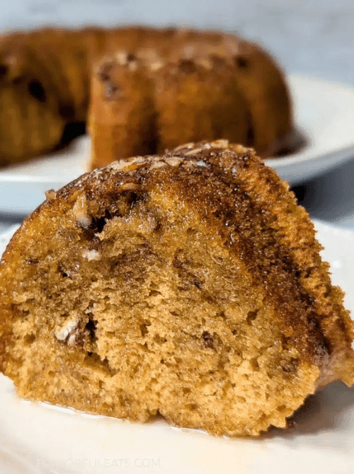 Moist slice of pumpkin bundt cake with chopped nuts on top, perfect for showcasing what to make with leftover pumpkin puree in rich, fall-inspired pumpkin cakes and cupcakes.