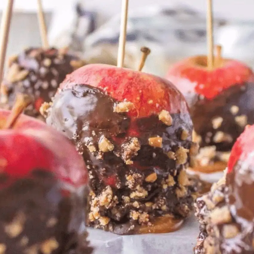 Chocolate-dipped caramel apples with chopped nuts on sticks – festive things to make with apples and fun, simple fall treats for parties and kids.