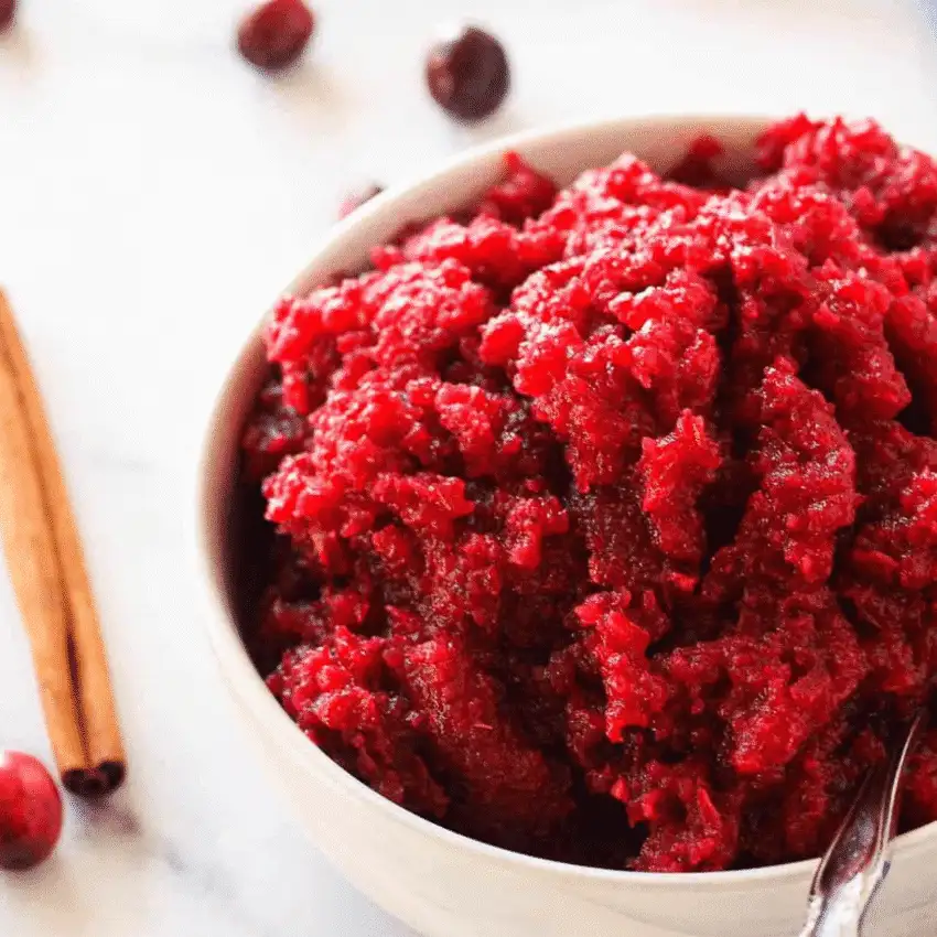 Bowl of apple cranberry sauce with a coarse texture, a vibrant and budget-friendly Thanksgiving side dish.
