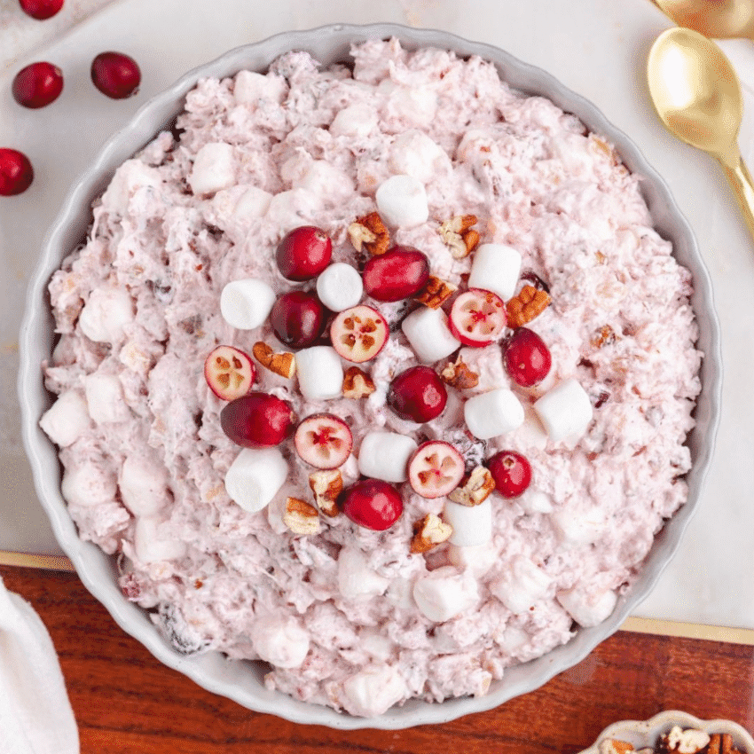 Creamy cranberry fluff salad topped with fresh cranberries, mini marshmallows, and chopped pecans in a white bowl, served on a holiday table.