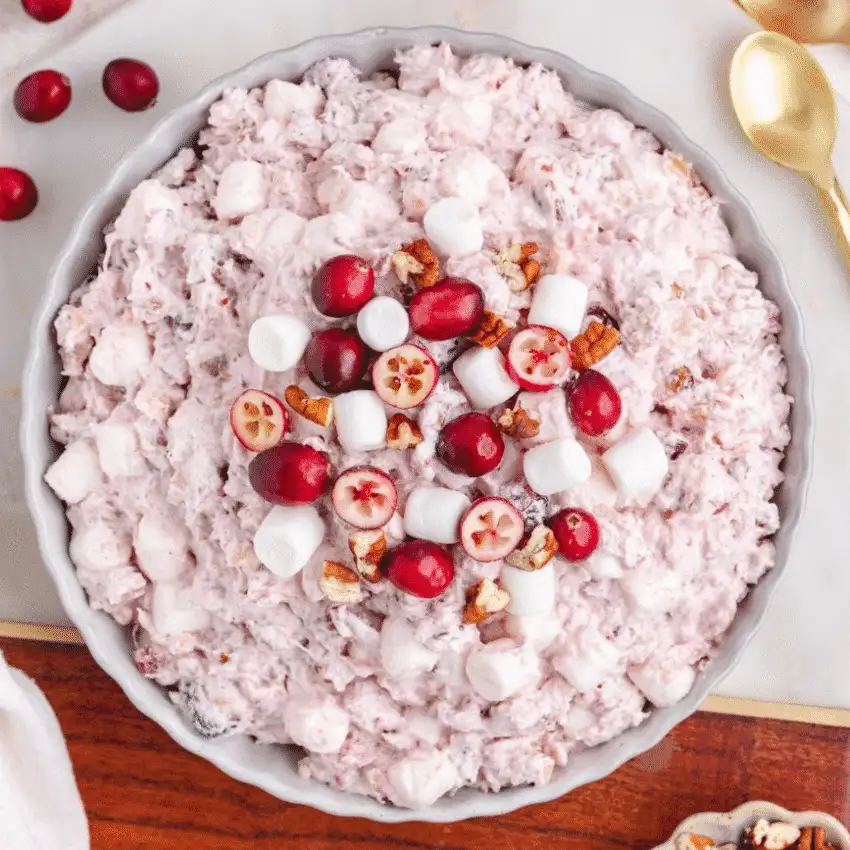 Creamy cranberry fluff salad topped with fresh cranberries, mini marshmallows, and chopped pecans in a white bowl, served on a holiday table.
