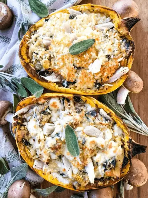 Stuffed spaghetti squash baked with leftover turkey, cheese, and vegetables, topped with fresh sage — a healthy idea for what to make with Thanksgiving leftovers and one of the best easy turkey recipes for a lighter dinner.