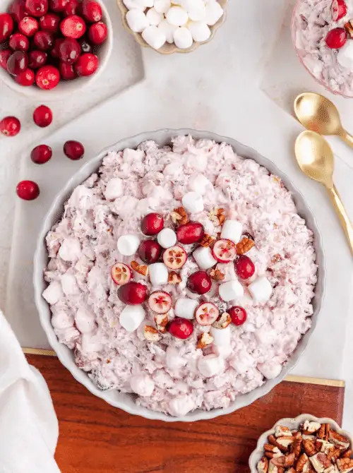 Cranberry fluff salad topped with marshmallows, fresh cranberries, and chopped pecans—an easy, festive option for Budget-Friendly Thanksgiving Vegetable Sides.