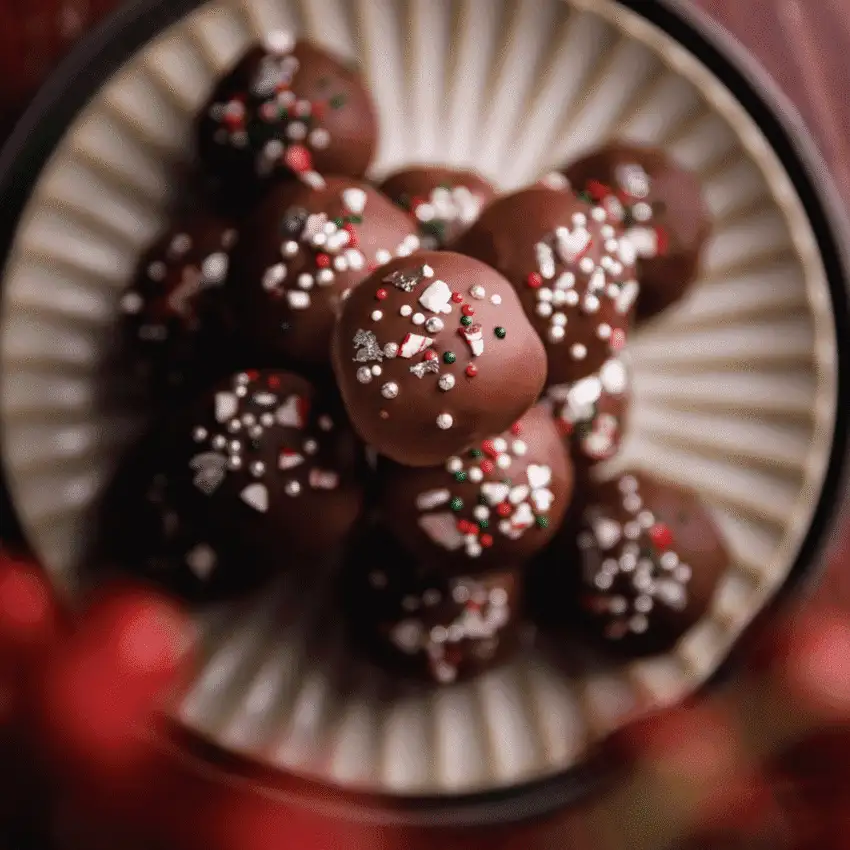 Chocolate Christmas truffles topped with festive sprinkles, a homemade DIY Christmas gift and easy edible gift idea for the holiday season.