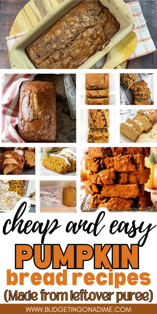 Pinterest graphic featuring a collage of pumpkin bread recipes made from leftover pumpkin puree, with text reading “Cheap and Easy Pumpkin Bread Recipes.”